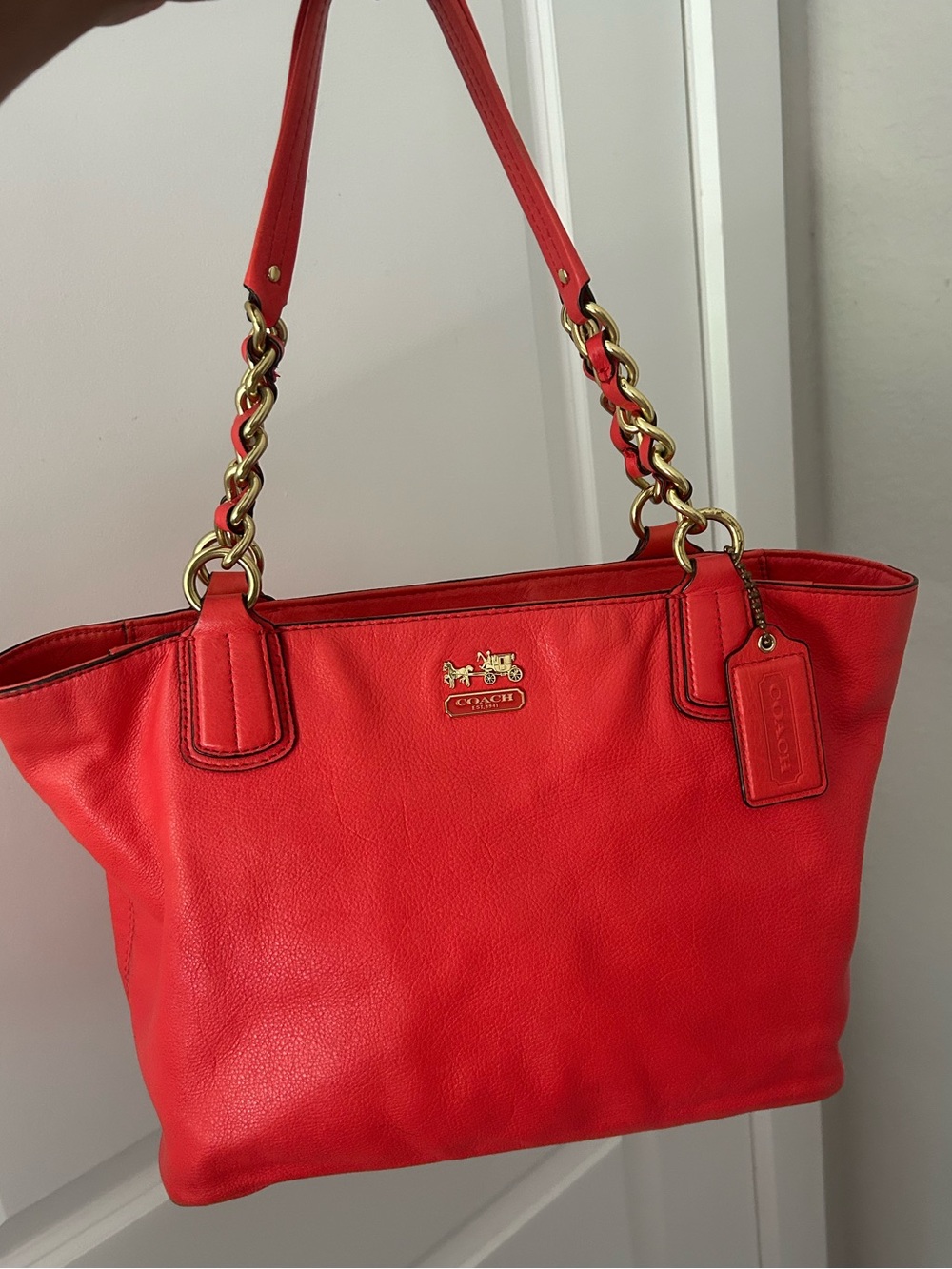 Coach Red Leather Chain-Handle Shoulder Tote